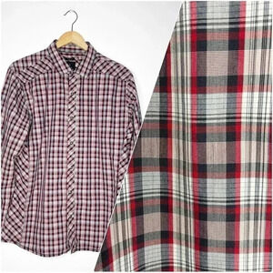 Prana Red Plaid Snap Button Up Shirt Size Large Slim Fit Western